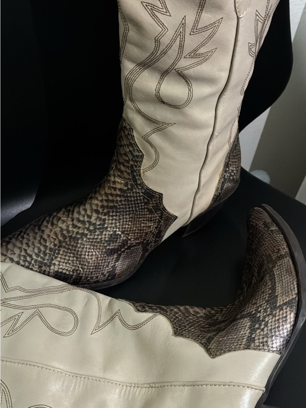 Reba McEntire Cream and Brown Snake-Print Heeled Cowboy Boots